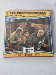 Boîte Super 8 du film Les Professionnels en édition Piccolo Film, format 120m couleur sonore.