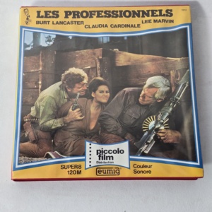 Boîte Super 8 du film Les Professionnels en édition Piccolo Film, format 120m couleur sonore.