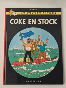Couverture de Tintin Coke en stock, édition Casterman vintage, avec Tintin, Haddock et Milou sur un radeau en pleine mer.