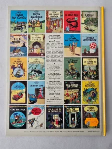 Dos jaune et quatrième de couverture Tintin Objectif Lune Casterman 1982 avec mosaïque des albums