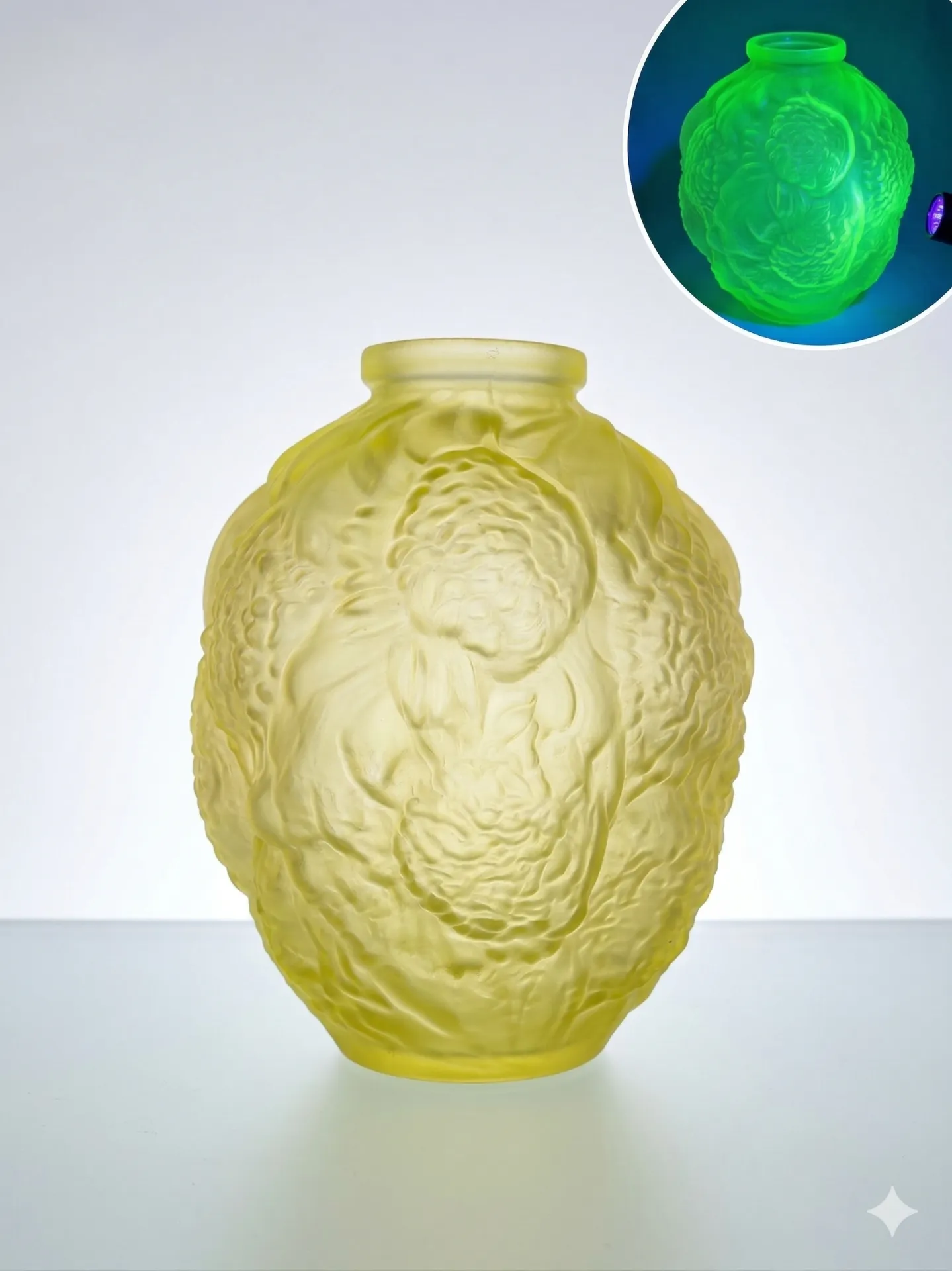 Grand vase Art Déco boule en ouraline jaune, décor fleurs en relief dense, avec médaillon fluorescence UV.