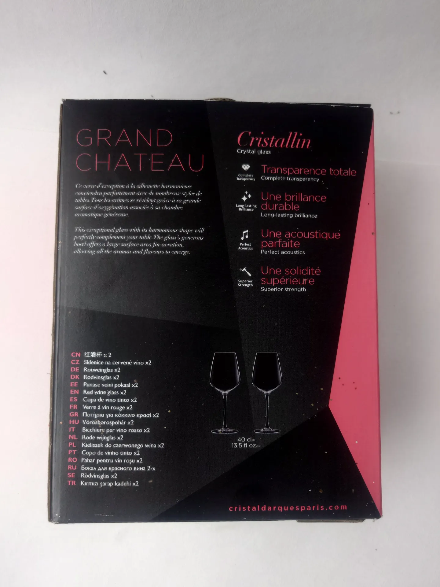 Côté de la boîte Cristal d’Arques Grand Château présentant les caractéristiques des verres à vin rouge 40 cl.