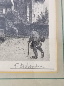 Détail d’une estampe ancienne signée F. Chalandre représentant un personnage devant la Porte du Croux à Nevers.