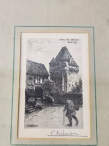 Estampe ancienne encadrée représentant la Porte du Croux à Nevers, signée F. Chalandre.