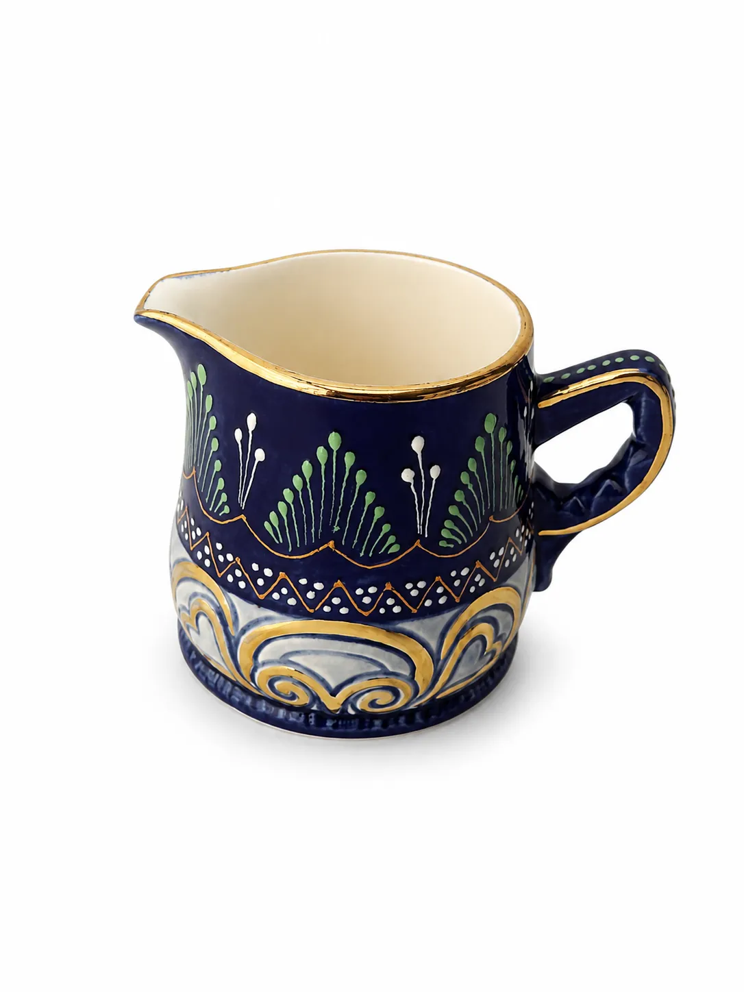 Crémier HB Quimper peint à la main, décor bleu profond, rehauts dorés, dessous marqué HB 533 Pi
