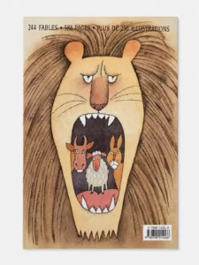 Dos du livre « La Fontaine — Fables » avec résumé, code-barres et illustration du lion.