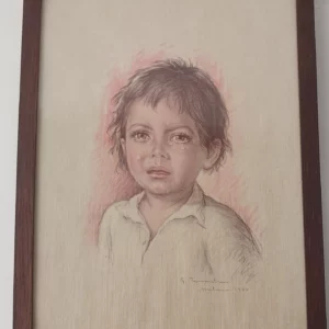 Portrait d’enfant signé G. Tencati, dessin au crayon et pastel sur papier, encadré bois