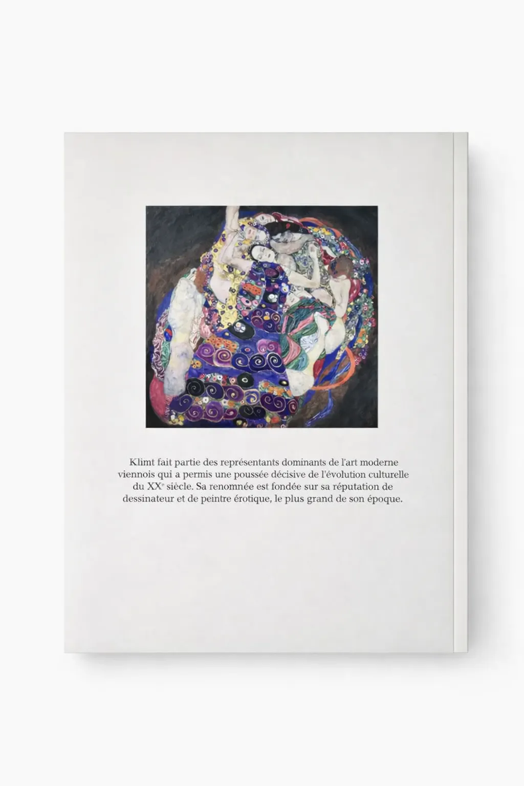 Quatrième de couverture du livre Gustav Klimt de Gottfried Fliedl, avec reproduction d’une œuvre de Klimt et texte de présentation en français.