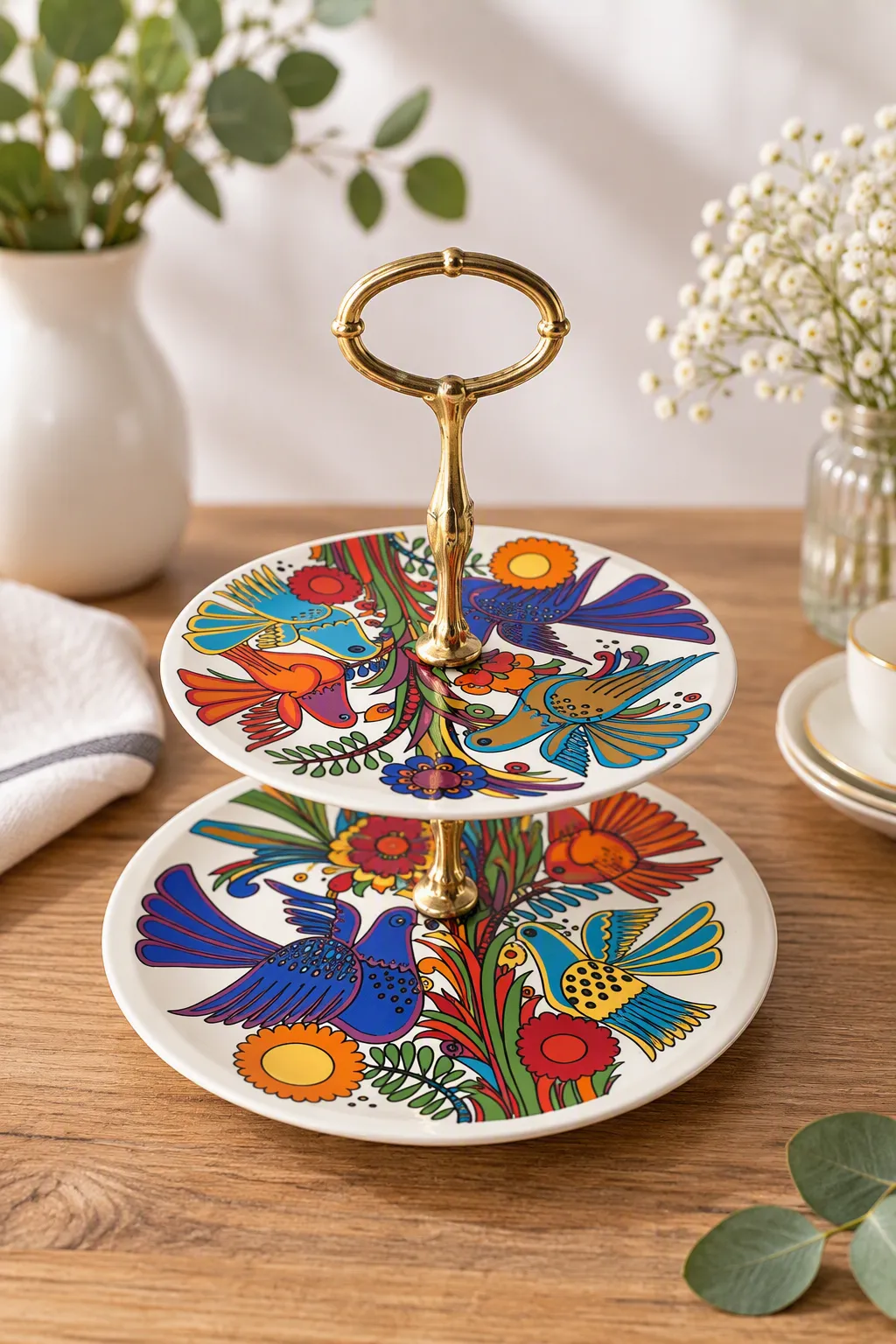 Présentoir à gâteaux vintage à deux étages en porcelaine décorée d'oiseaux et fleurs multicolores dans un style Acapulco.