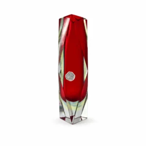 Authentique vase Murano en cristal sommerso rouge rubis avec étiquette d'origine Made in Italy.