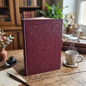 Livre ancien de médecine Le Livret de l'Enfant avec reliure bordeaux Art Nouveau, posé sur un bureau en bois rustique avec encrier et plume.